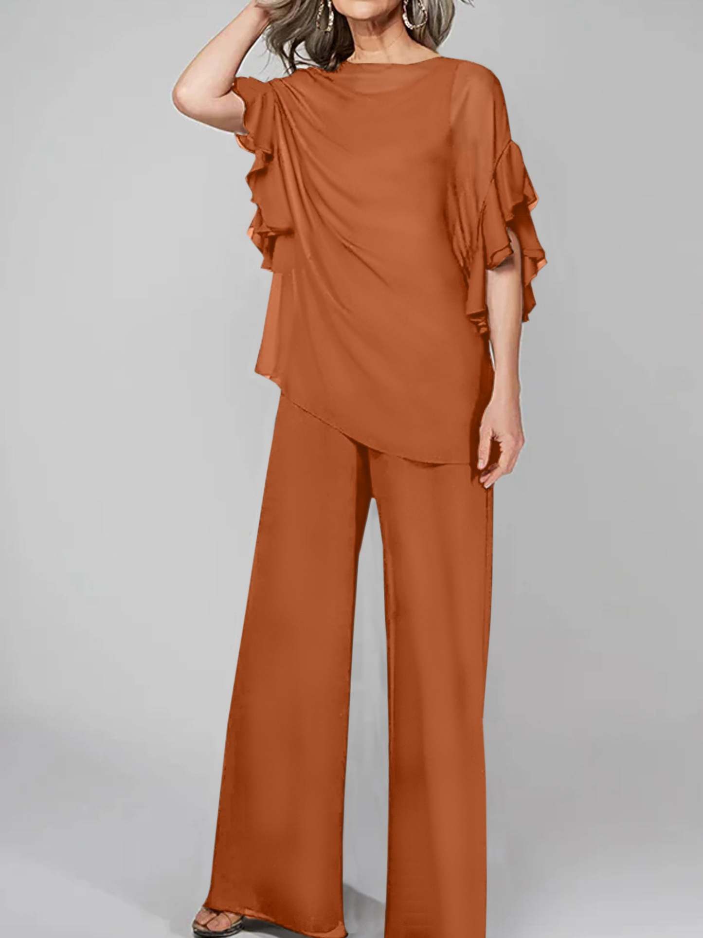 Chiffon Mother of the Bride Pantsuits with Scoop Neck and Half Sleeves