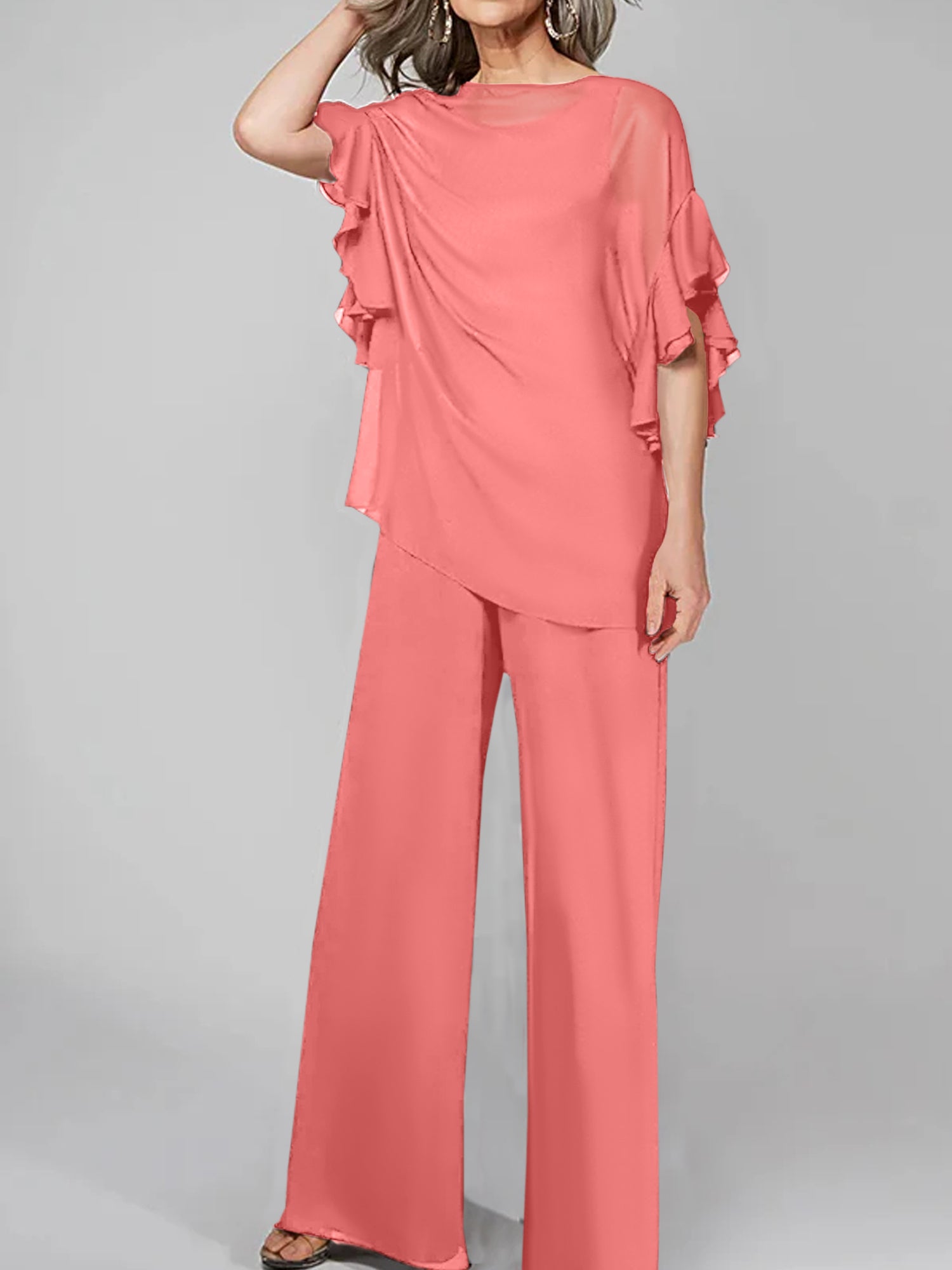 Chiffon Mother of the Bride Pantsuits with Scoop Neck and Half Sleeves