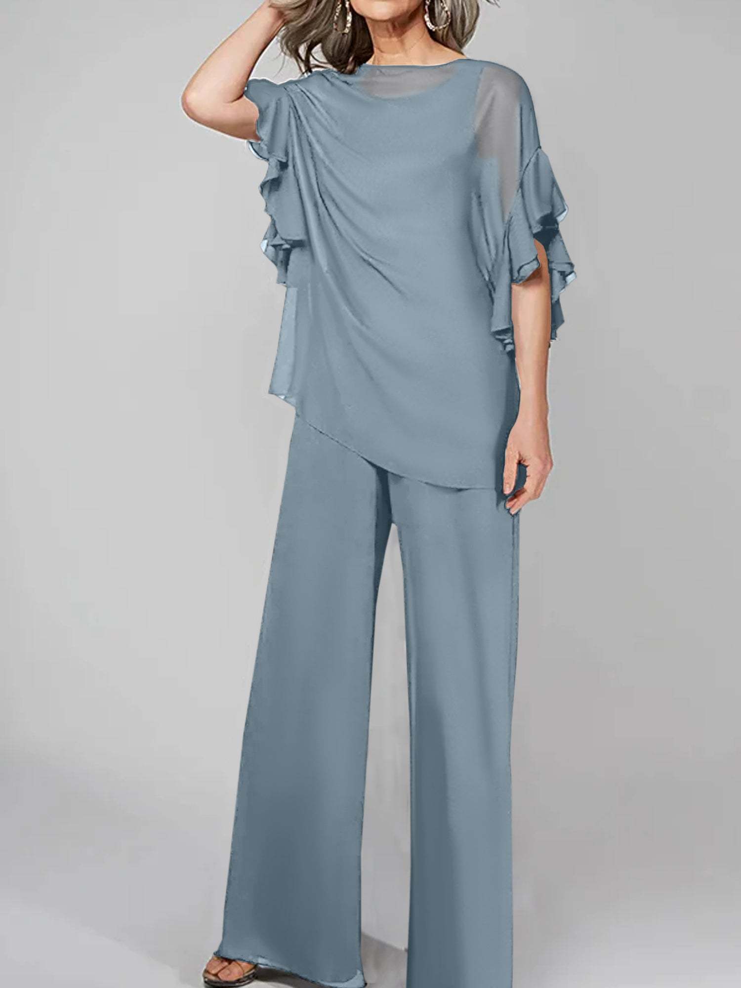 Chiffon Mother of the Bride Pantsuits with Scoop Neck and Half Sleeves