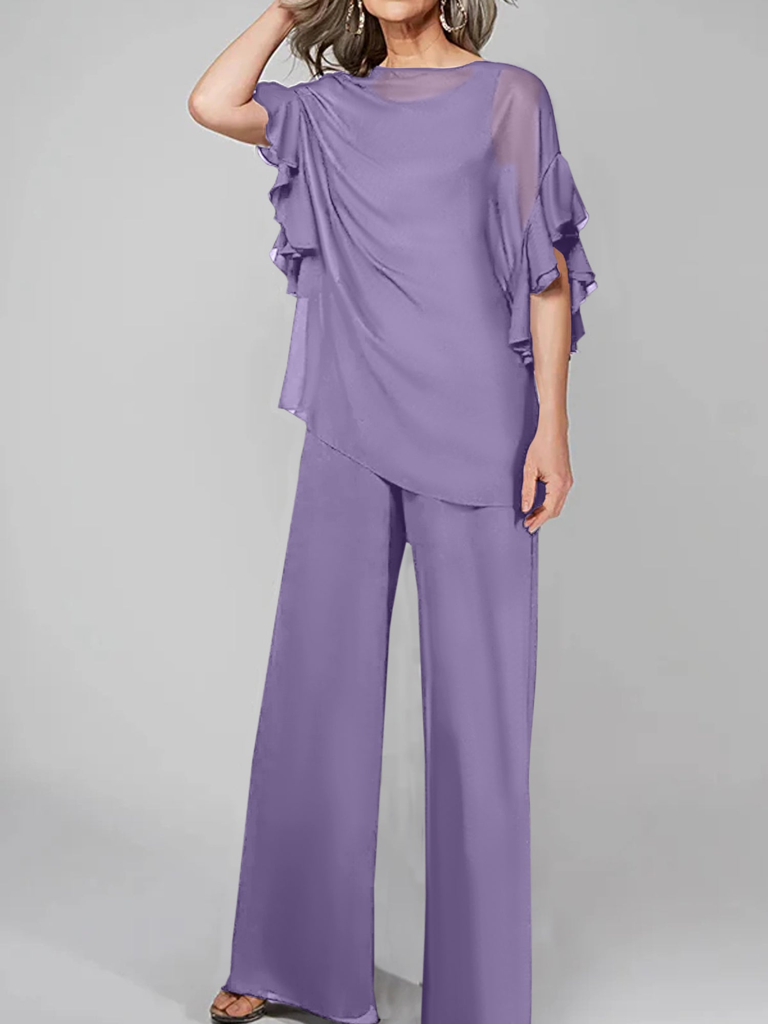 Chiffon Mother of the Bride Pantsuits with Scoop Neck and Half Sleeves