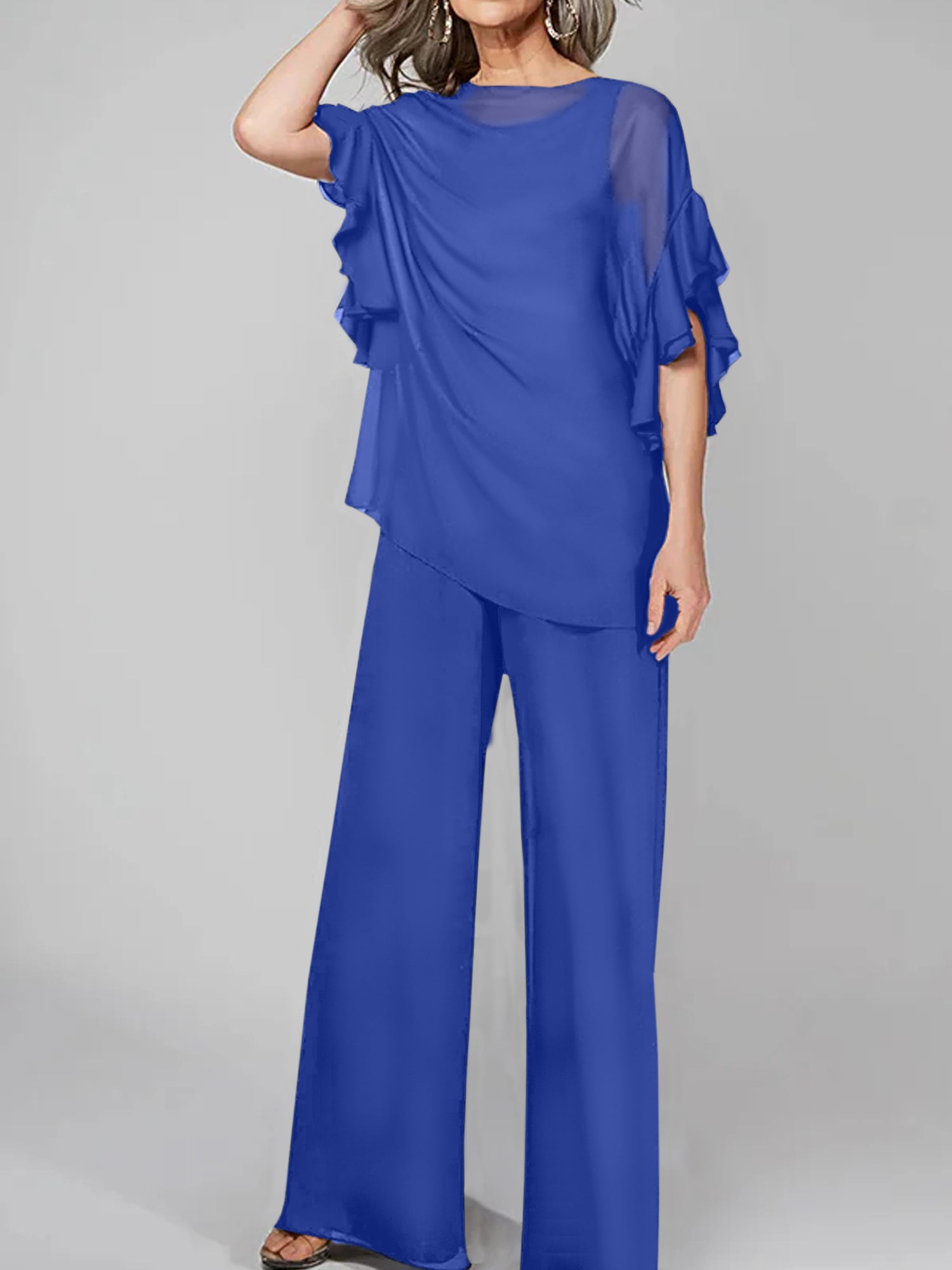 Chiffon Mother of the Bride Pantsuits with Scoop Neck and Half Sleeves