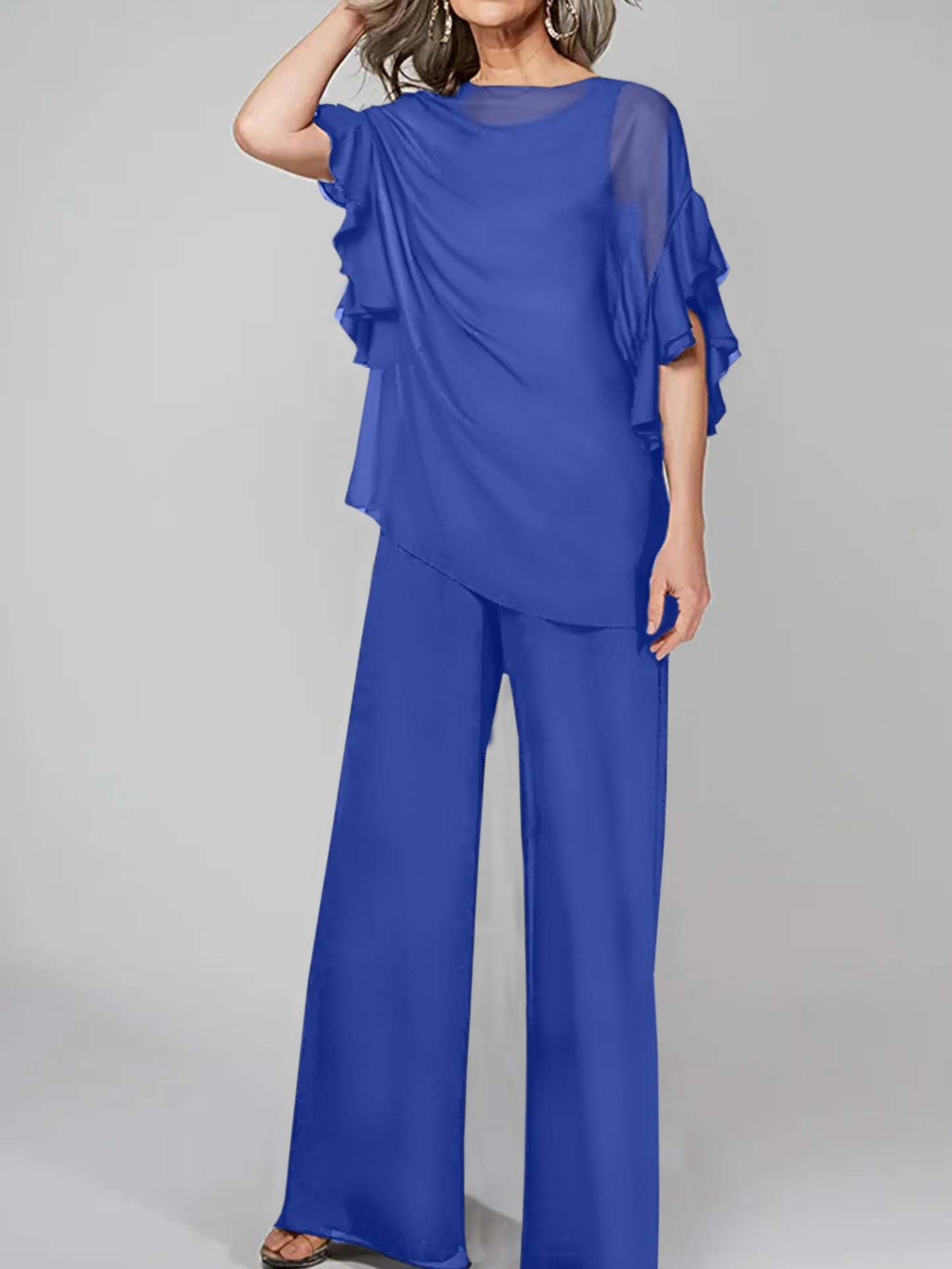 Chiffon Mother of the Bride Pantsuits with Scoop Neck and Half Sleeves