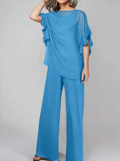 Chiffon Mother of the Bride Pantsuits with Scoop Neck and Half Sleeves