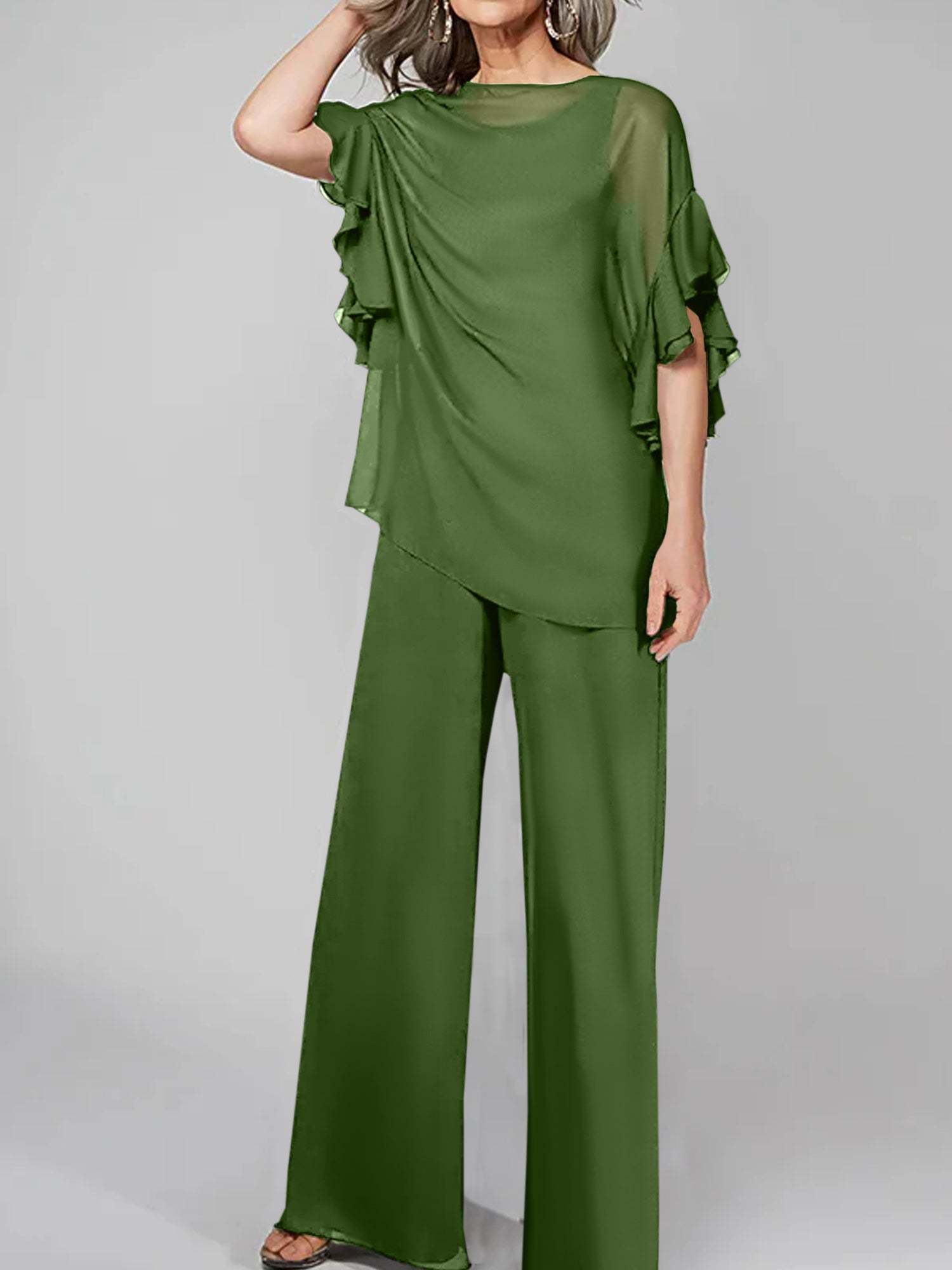 Chiffon Mother of the Bride Pantsuits with Scoop Neck and Half Sleeves