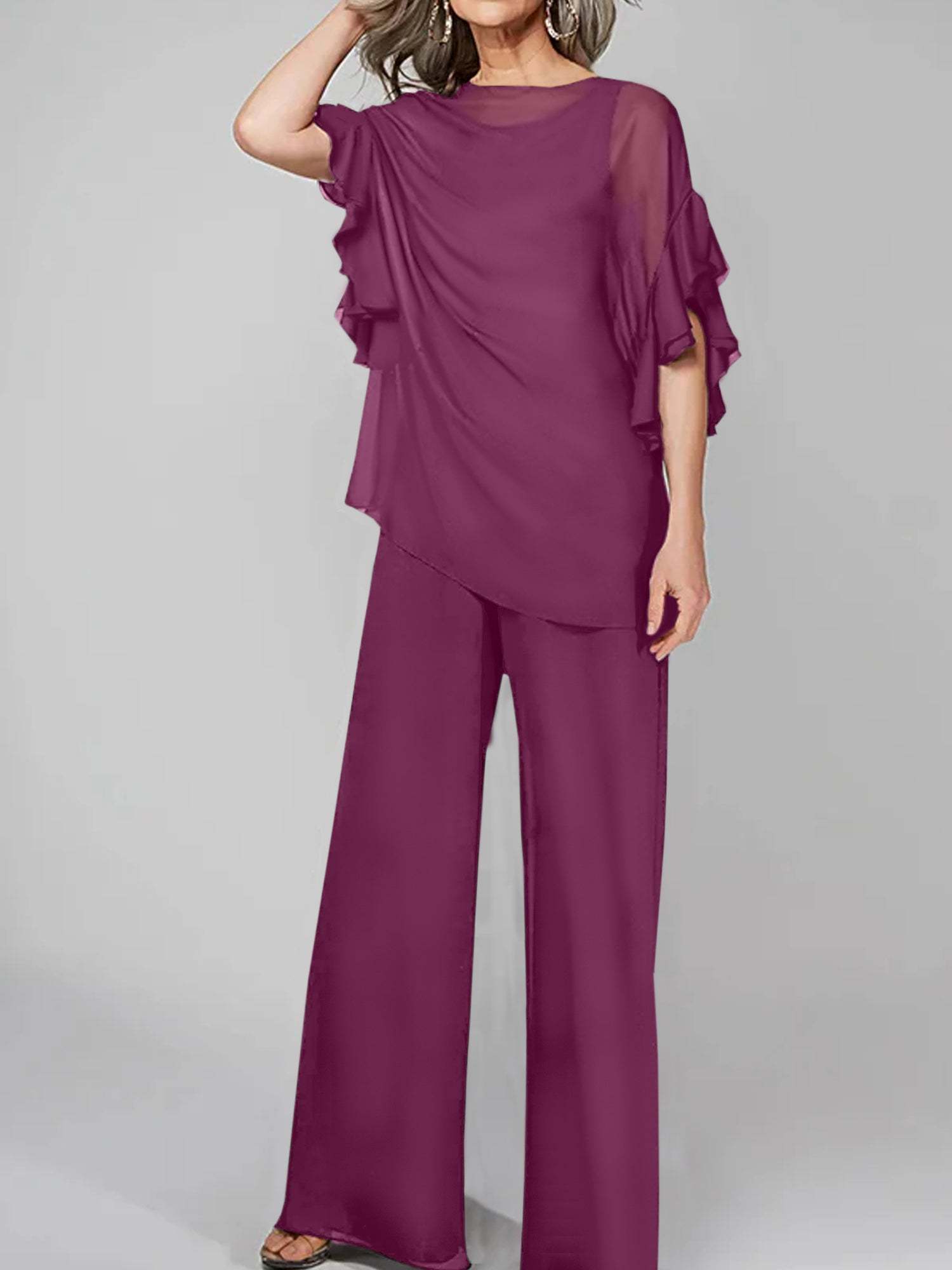 Chiffon Mother of the Bride Pantsuits with Scoop Neck and Half Sleeves