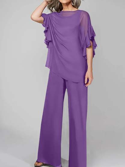 Chiffon Mother of the Bride Pantsuits with Scoop Neck and Half Sleeves