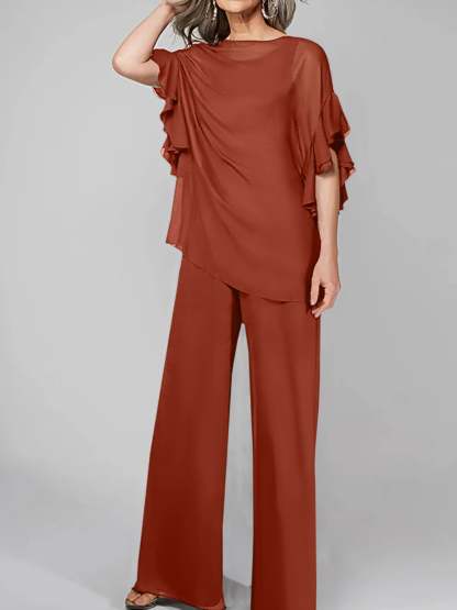 Chiffon Mother of the Bride Pantsuits with Scoop Neck and Half Sleeves