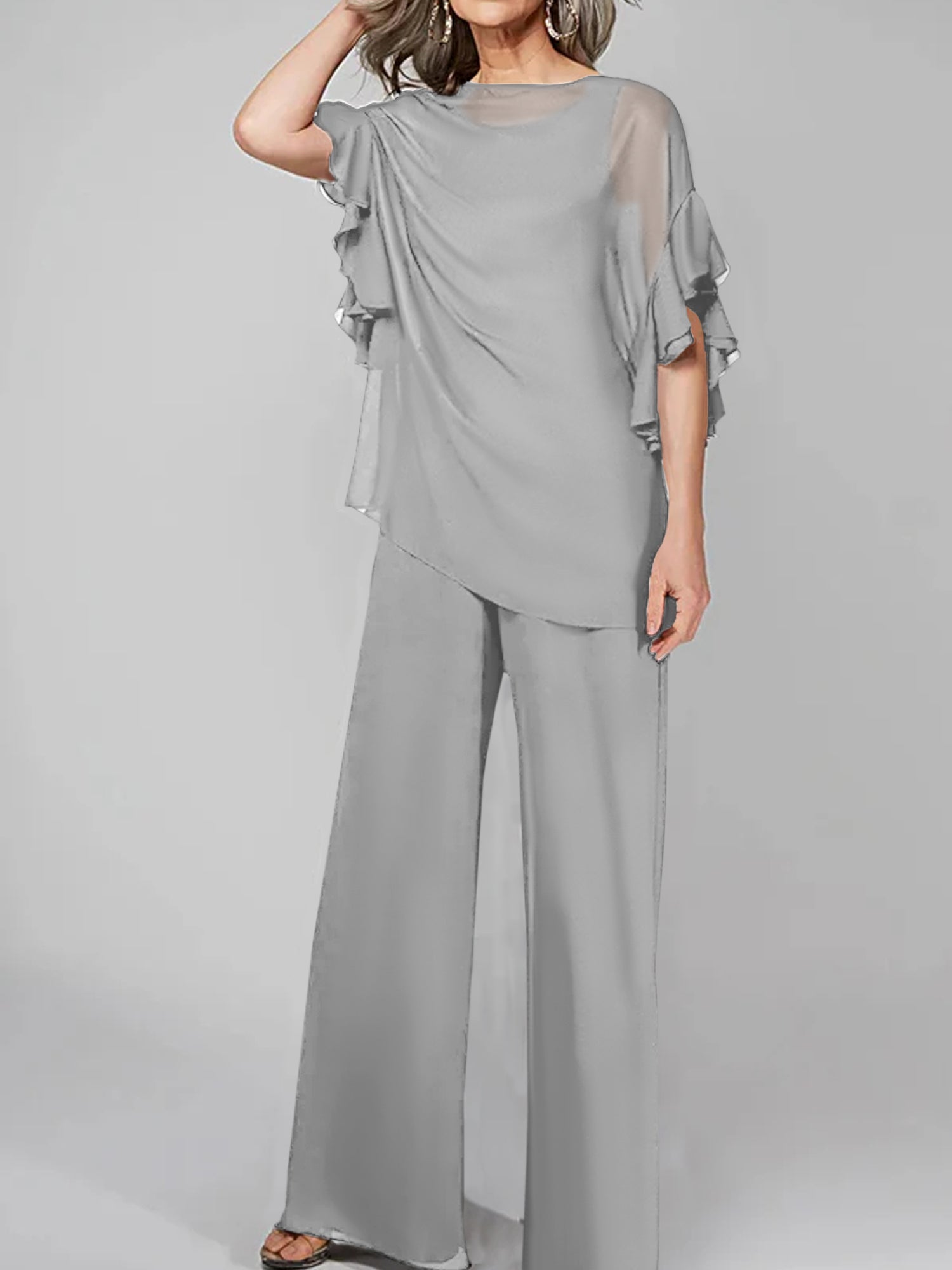 Chiffon Mother of the Bride Pantsuits with Scoop Neck and Half Sleeves