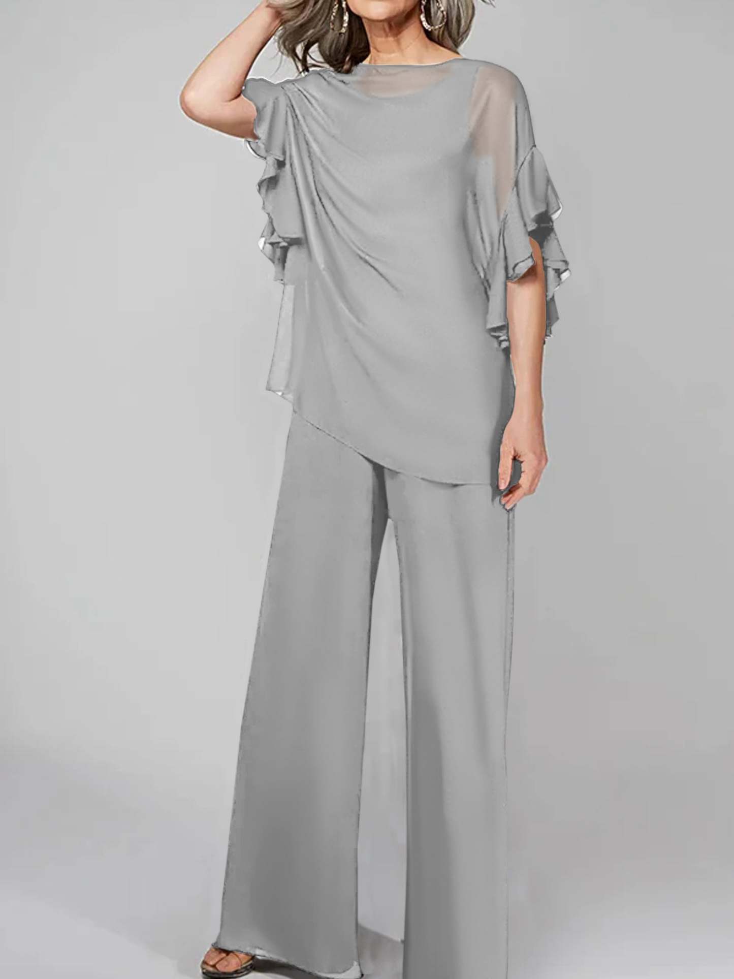 Chiffon Mother of the Bride Pantsuits with Scoop Neck and Half Sleeves