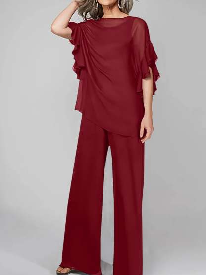 Chiffon Mother of the Bride Pantsuits with Scoop Neck and Half Sleeves