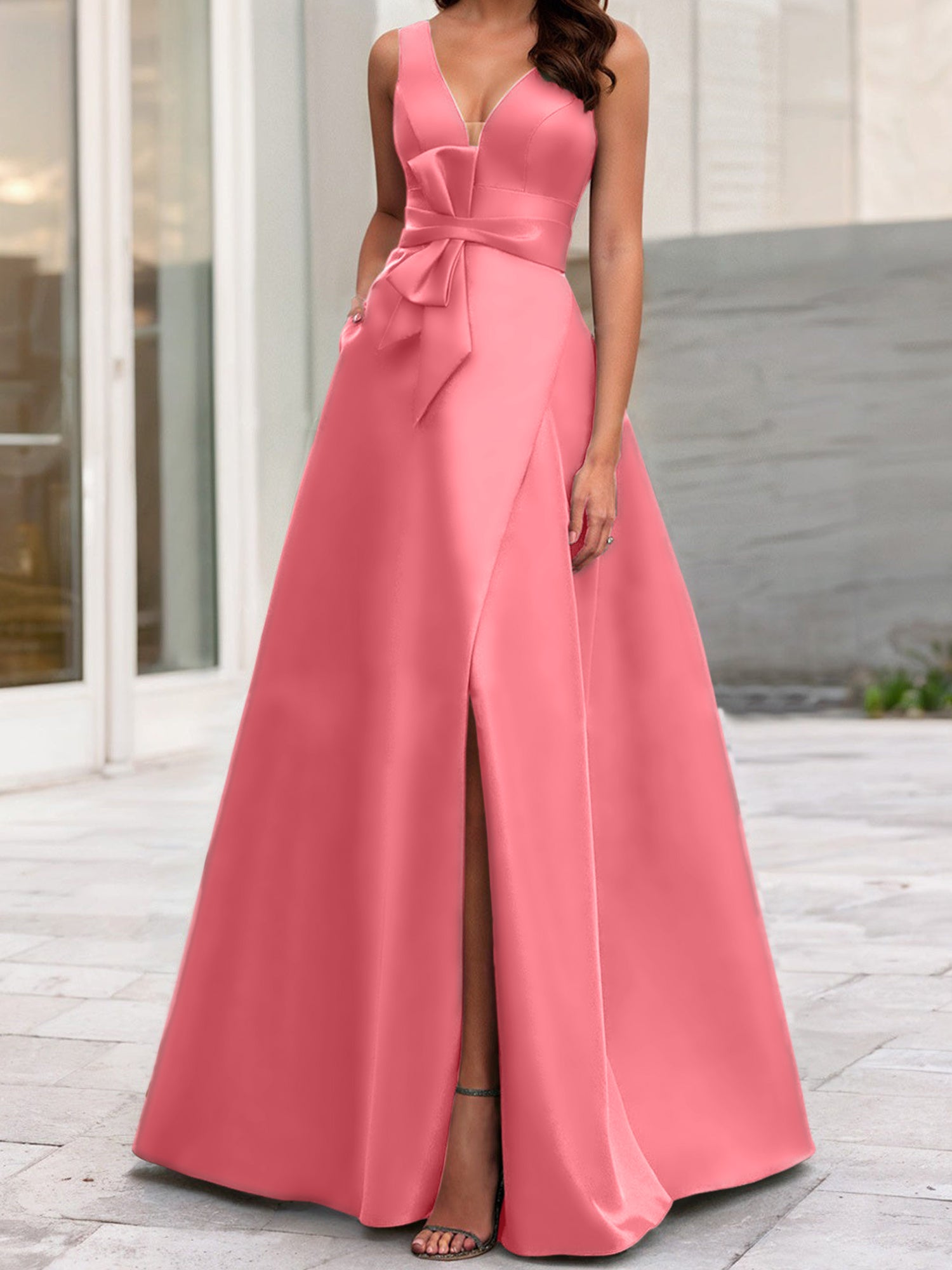 V-Neck Sleeveless A-Line Princess Mother Of The Bride Dress With Side Split