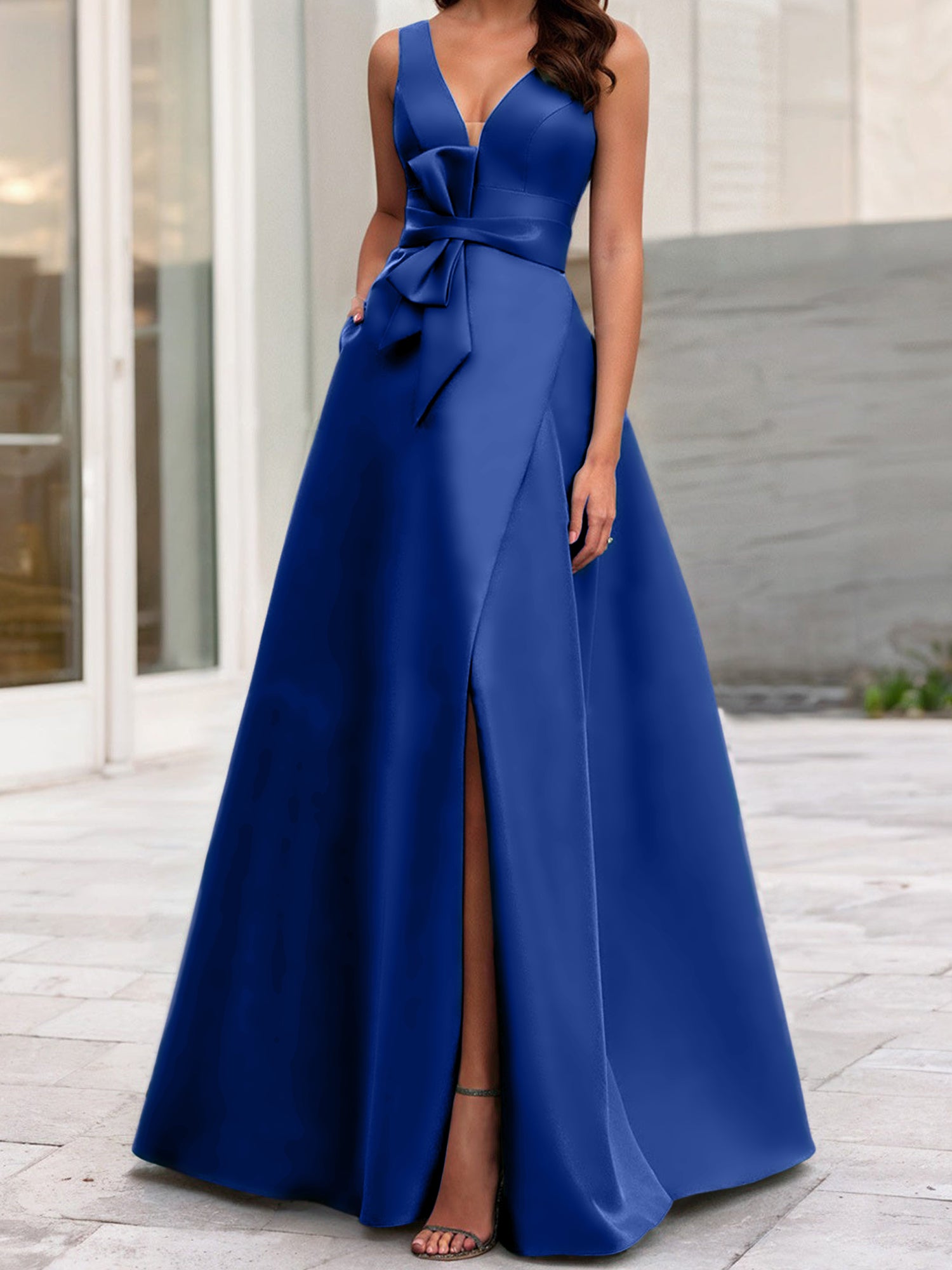 V-Neck Sleeveless A-Line Princess Mother Of The Bride Dress With Side Split