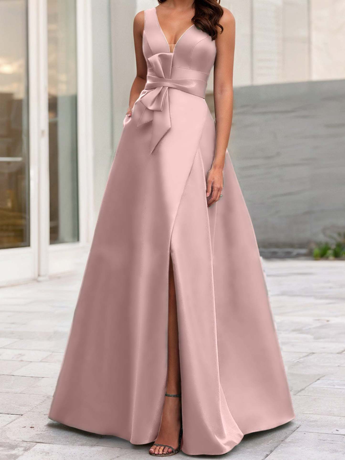 V-Neck Sleeveless A-Line Princess Mother Of The Bride Dress With Side Split