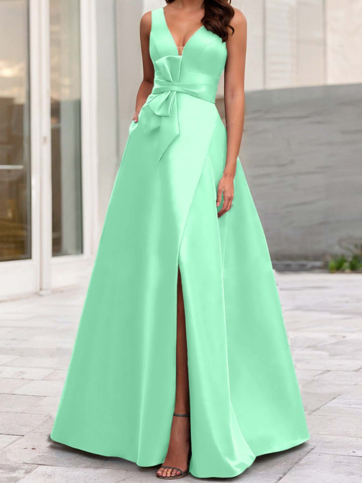 V-Neck Sleeveless A-Line Princess Mother Of The Bride Dress With Side Split