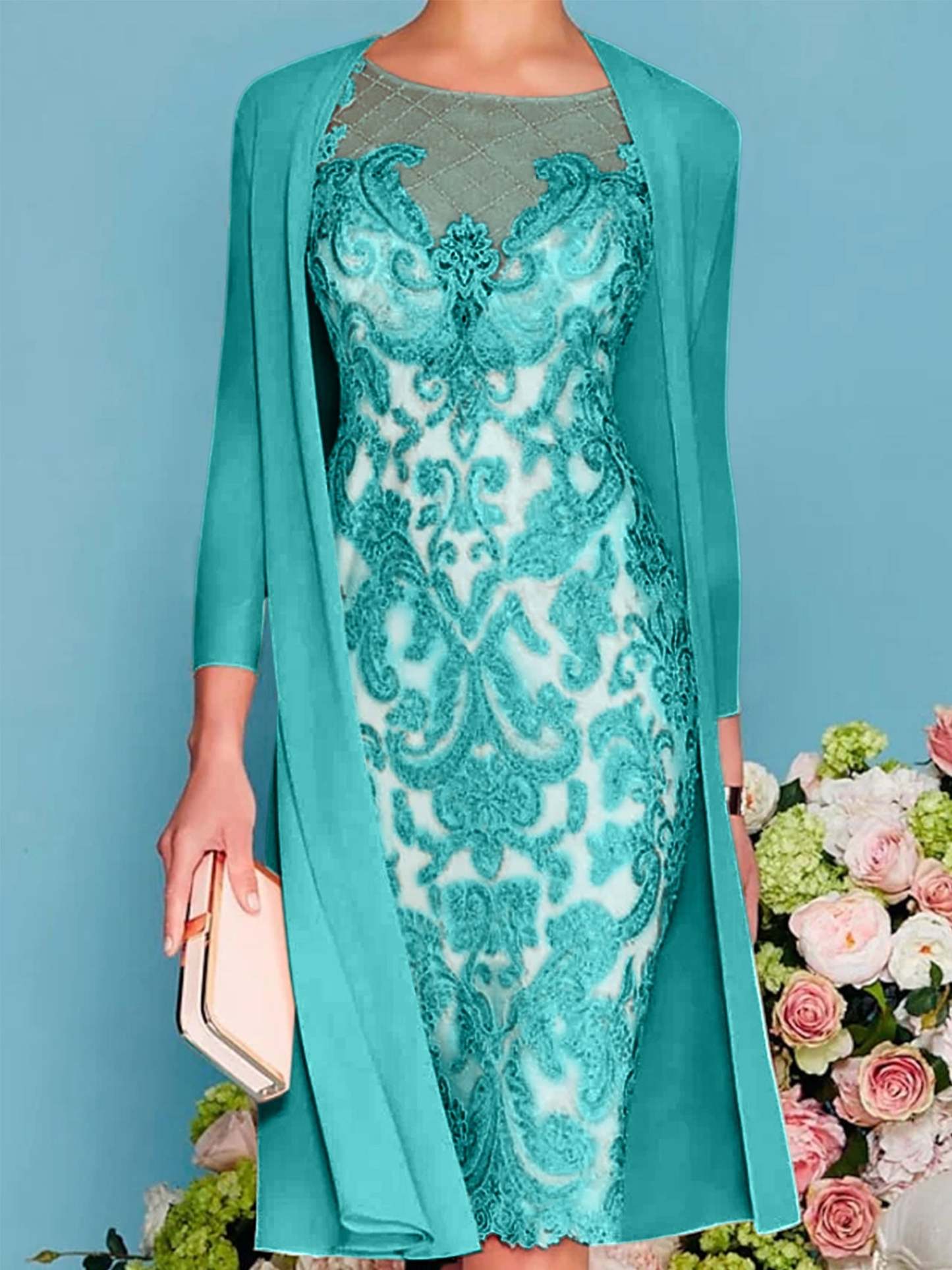 Long-Sleeved Knee-Length Sheath Dress with Lace Beading for the Mother of the Bride