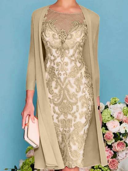 Long-Sleeved Knee-Length Sheath Dress with Lace Beading for the Mother of the Bride