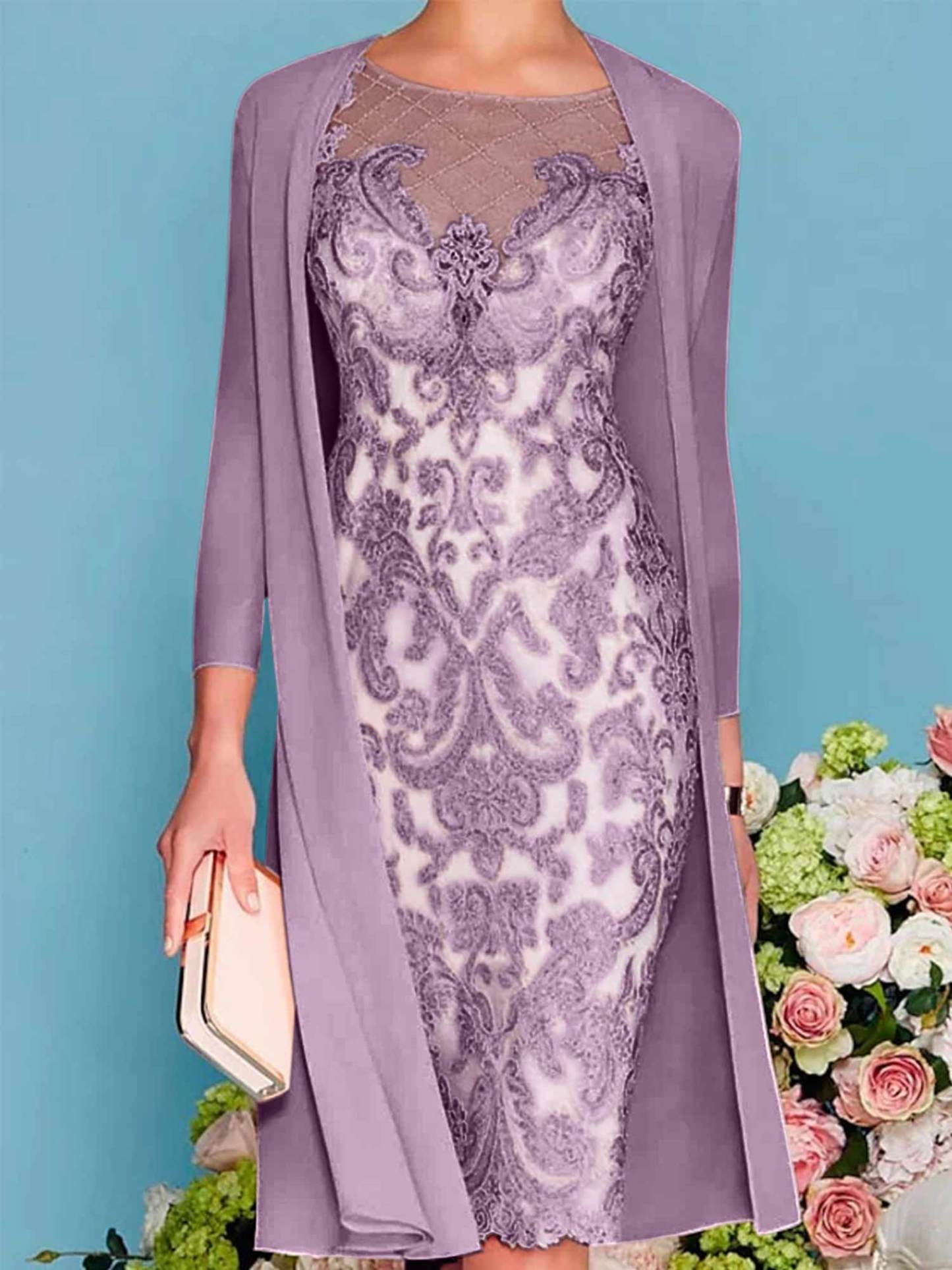 Long-Sleeved Knee-Length Sheath Dress with Lace Beading for the Mother of the Bride