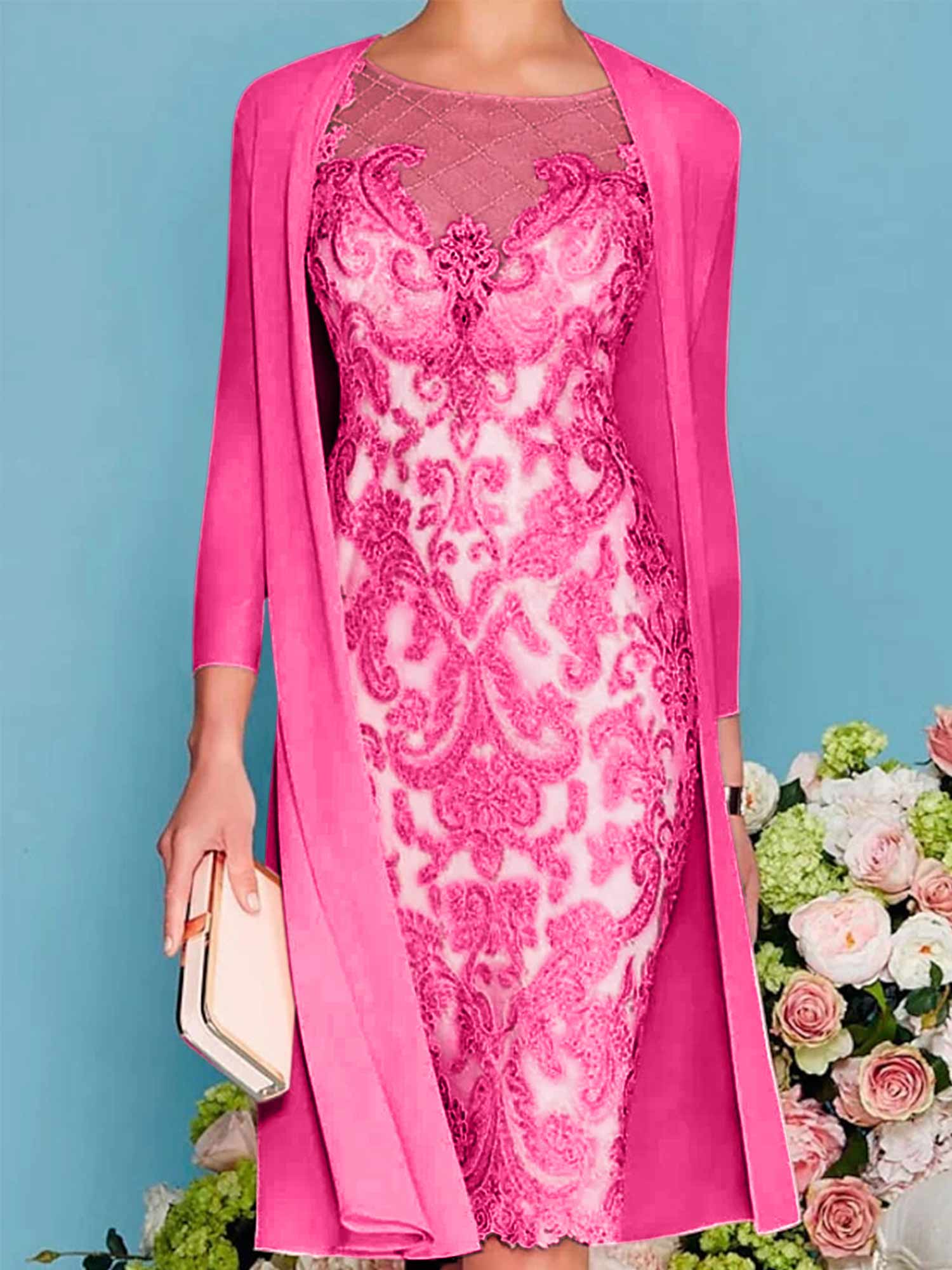 Long-Sleeved Knee-Length Sheath Dress with Lace Beading for the Mother of the Bride