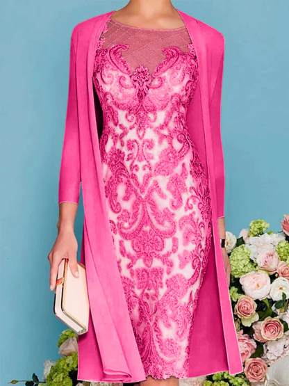 Long-Sleeved Knee-Length Sheath Dress with Lace Beading for the Mother of the Bride