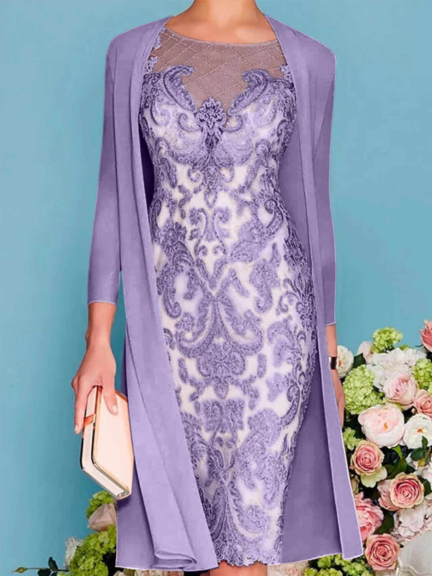 Long-Sleeved Knee-Length Sheath Dress with Lace Beading for the Mother of the Bride