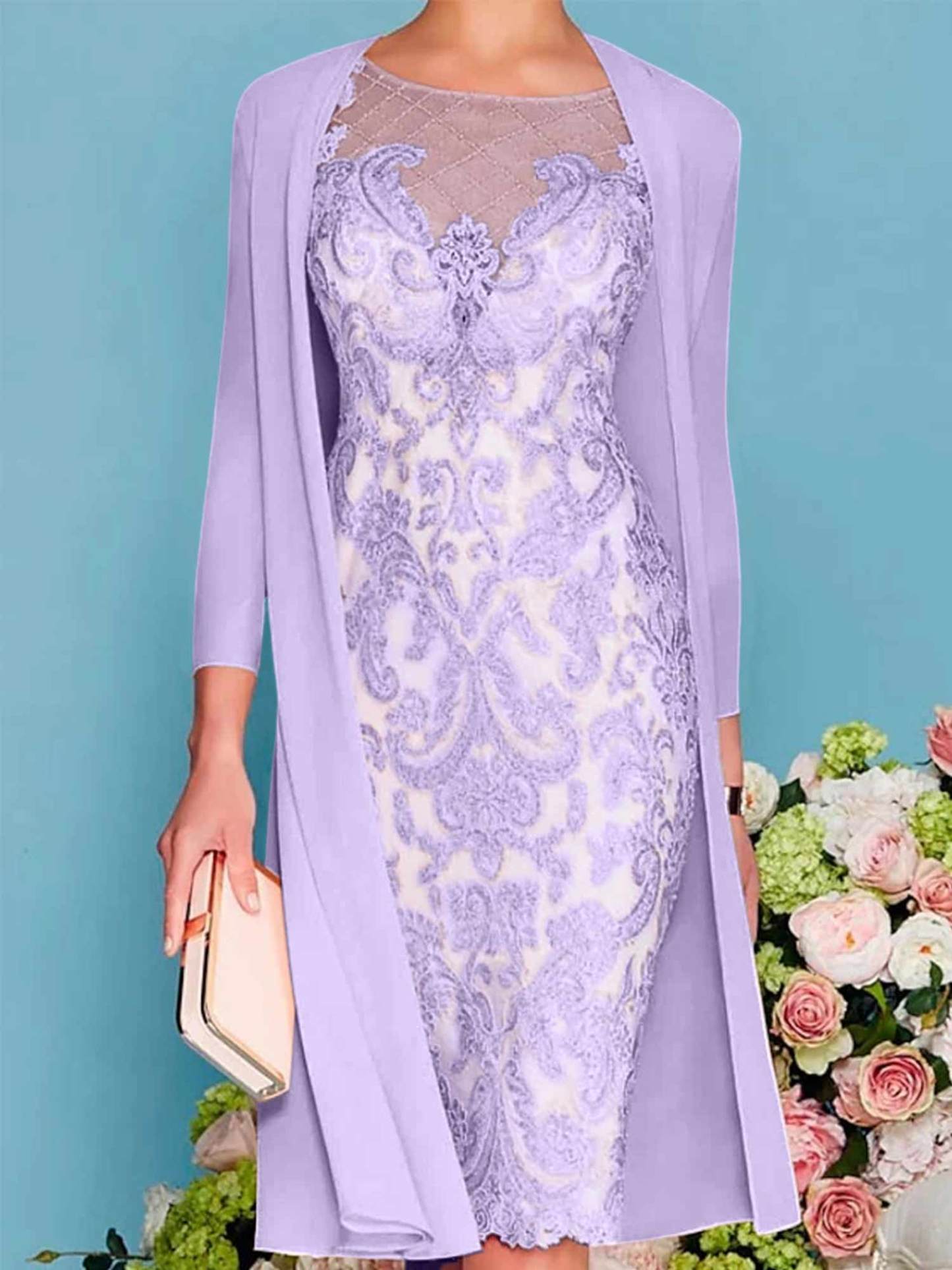 Long-Sleeved Knee-Length Sheath Dress with Lace Beading for the Mother of the Bride