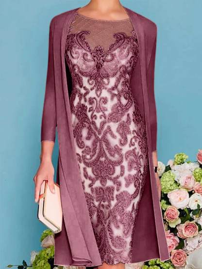 Long-Sleeved Knee-Length Sheath Dress with Lace Beading for the Mother of the Bride