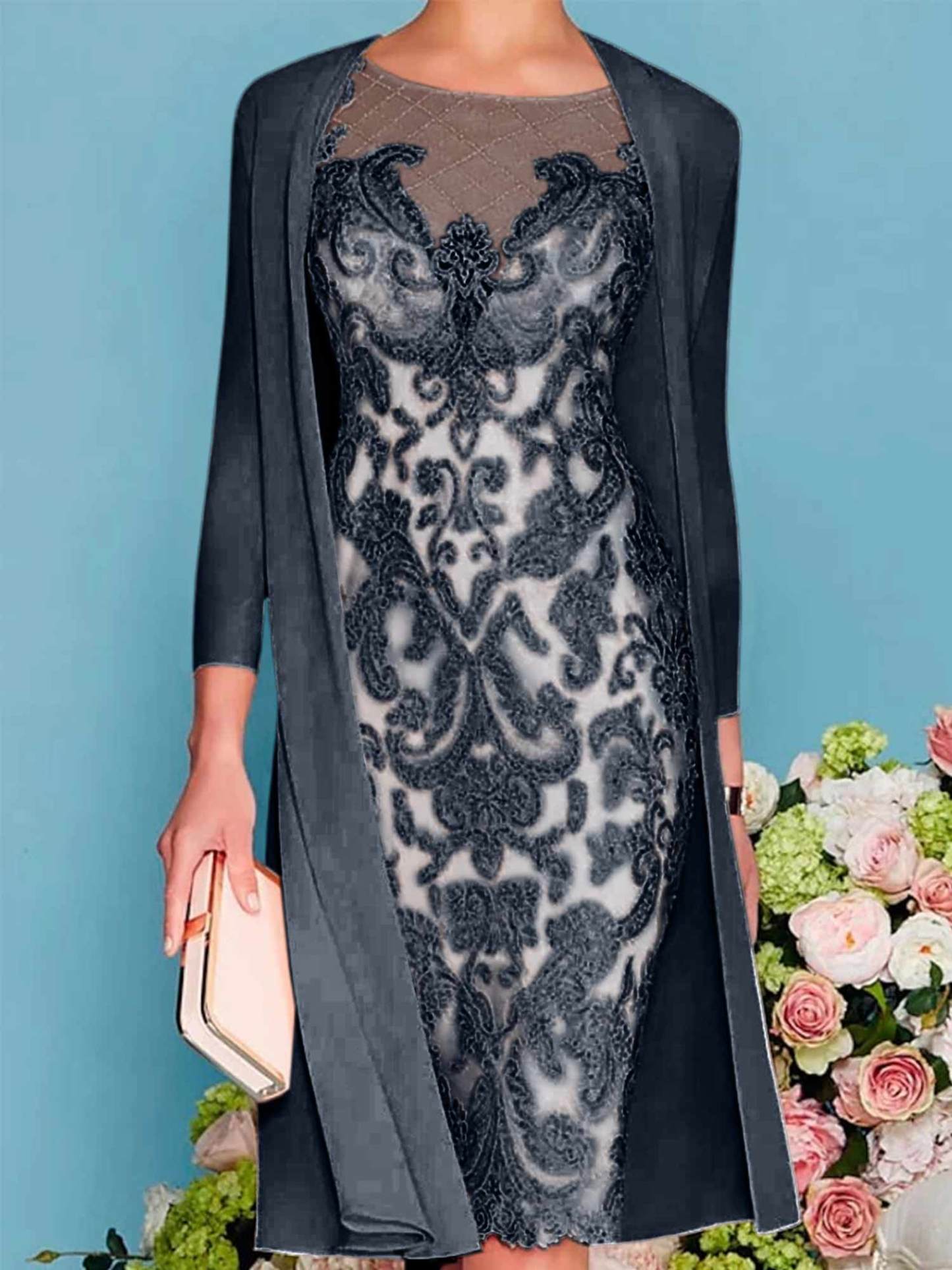 Long-Sleeved Knee-Length Sheath Dress with Lace Beading for the Mother of the Bride