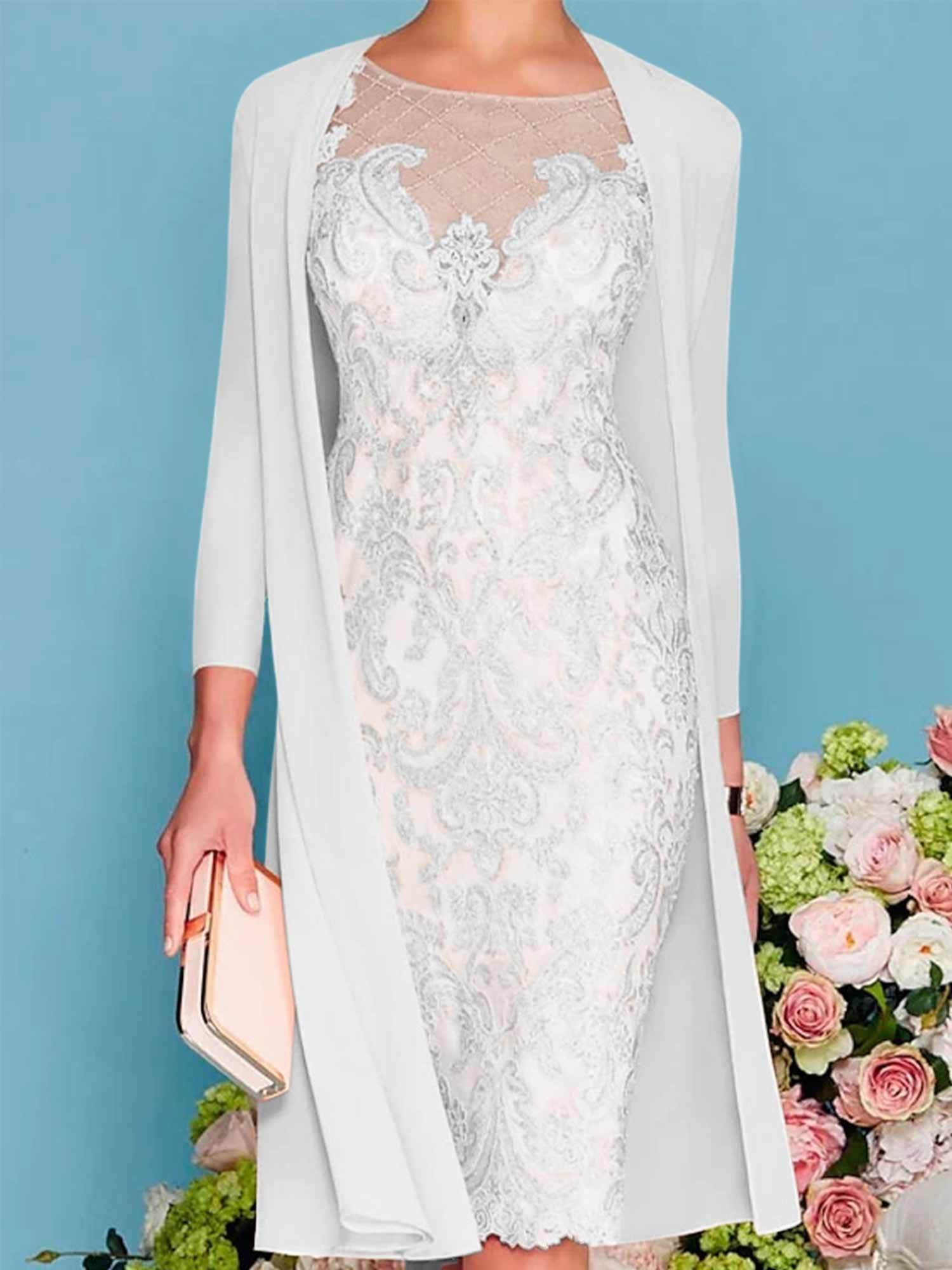 Long-Sleeved Knee-Length Sheath Dress with Lace Beading for the Mother of the Bride