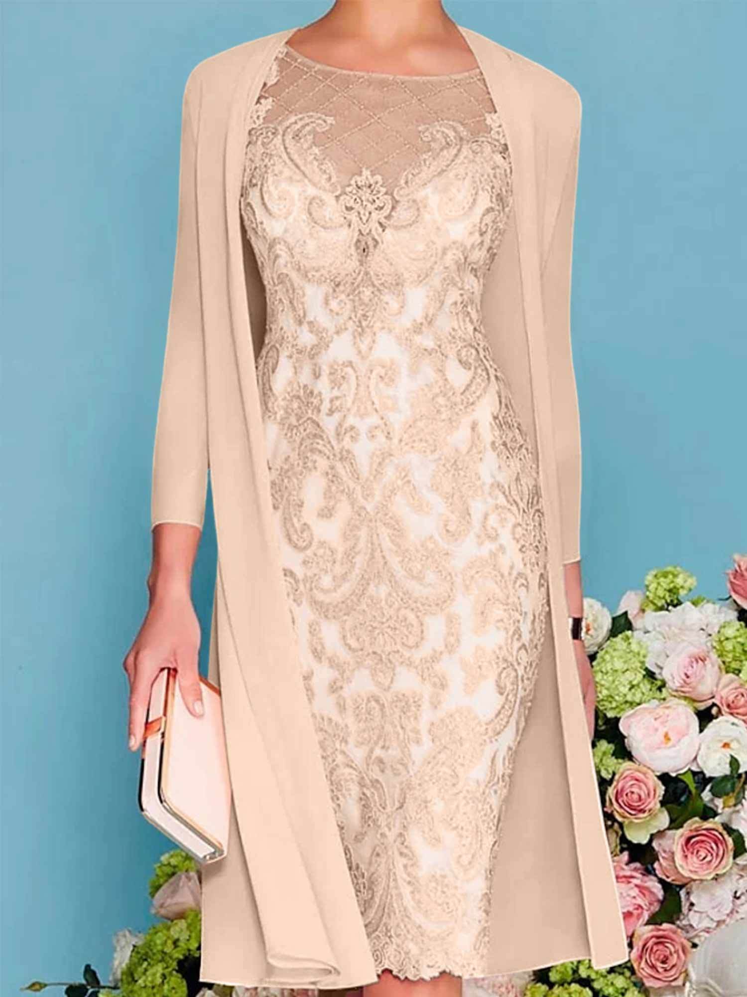 Long-Sleeved Knee-Length Sheath Dress with Lace Beading for the Mother of the Bride