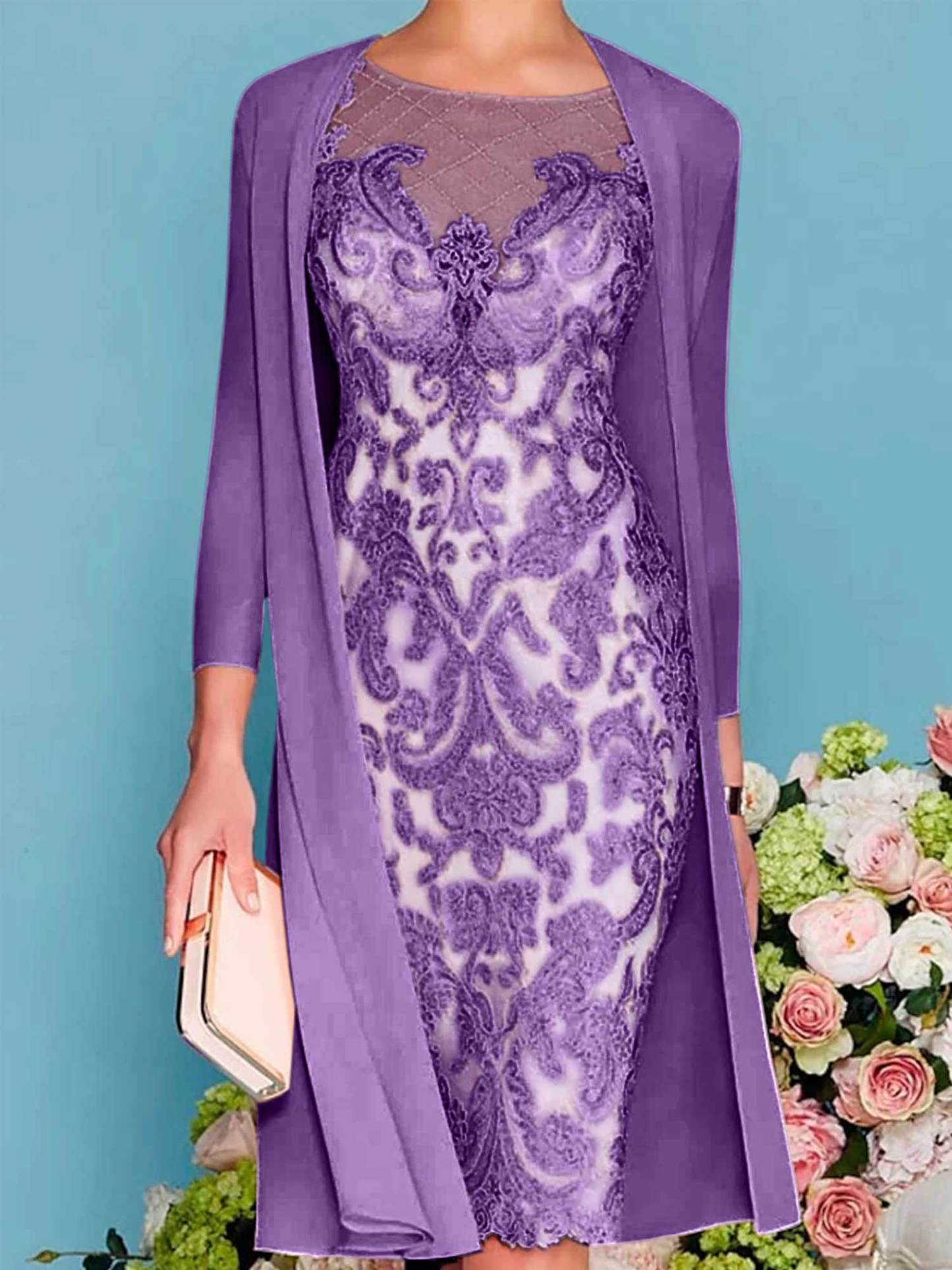Long-Sleeved Knee-Length Sheath Dress with Lace Beading for the Mother of the Bride