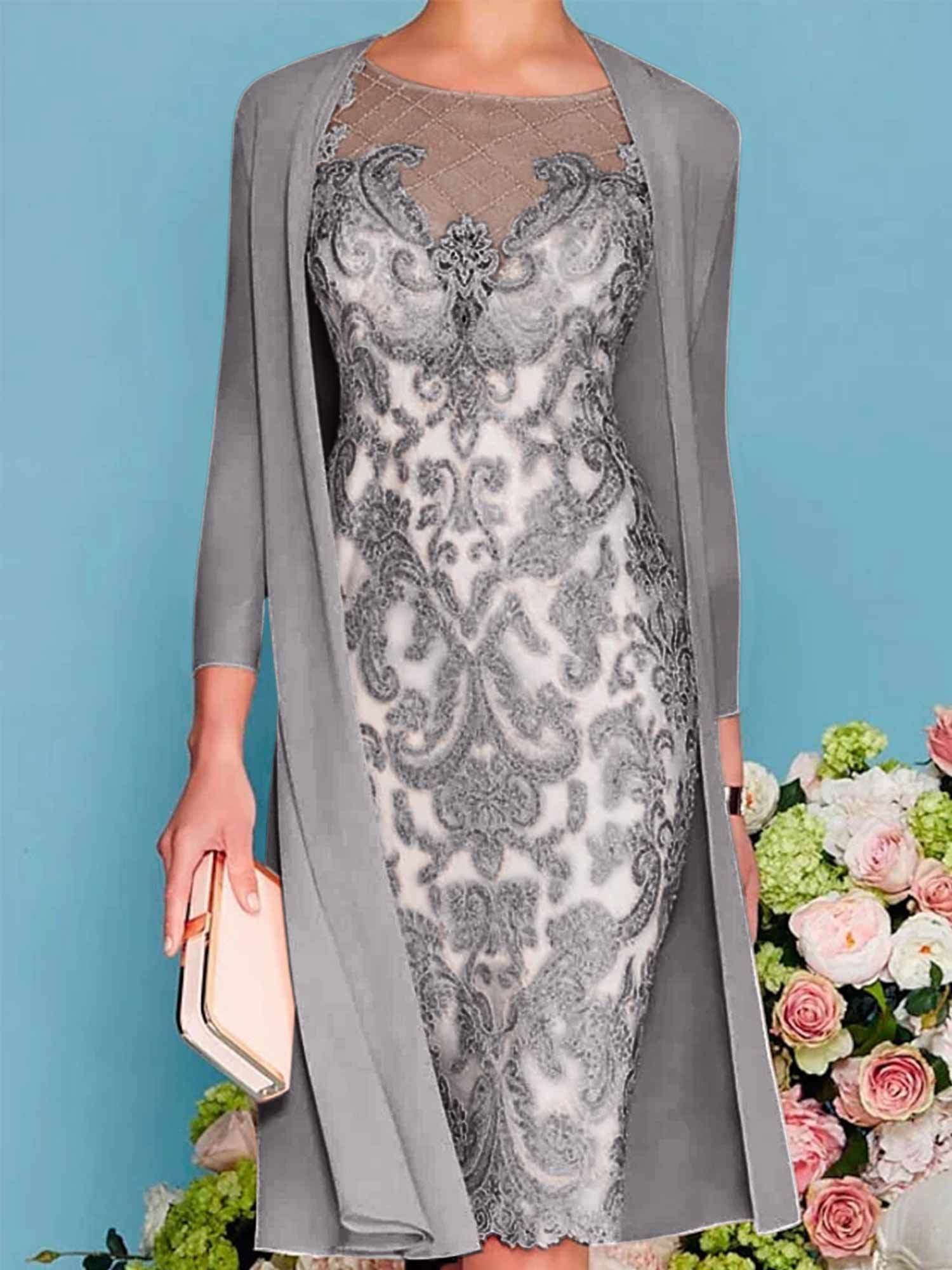 Long-Sleeved Knee-Length Sheath Dress with Lace Beading for the Mother of the Bride