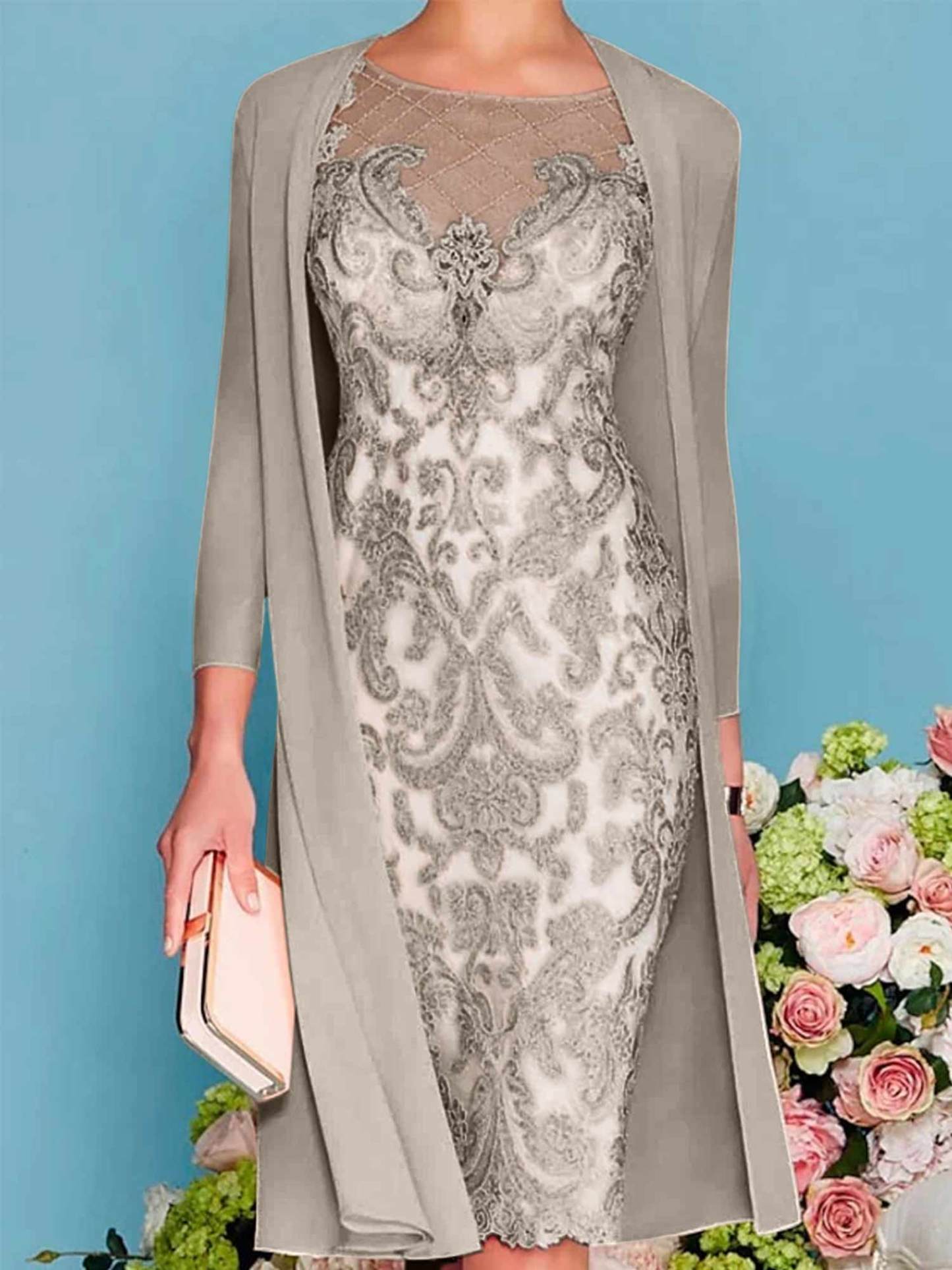 Long-Sleeved Knee-Length Sheath Dress with Lace Beading for the Mother of the Bride