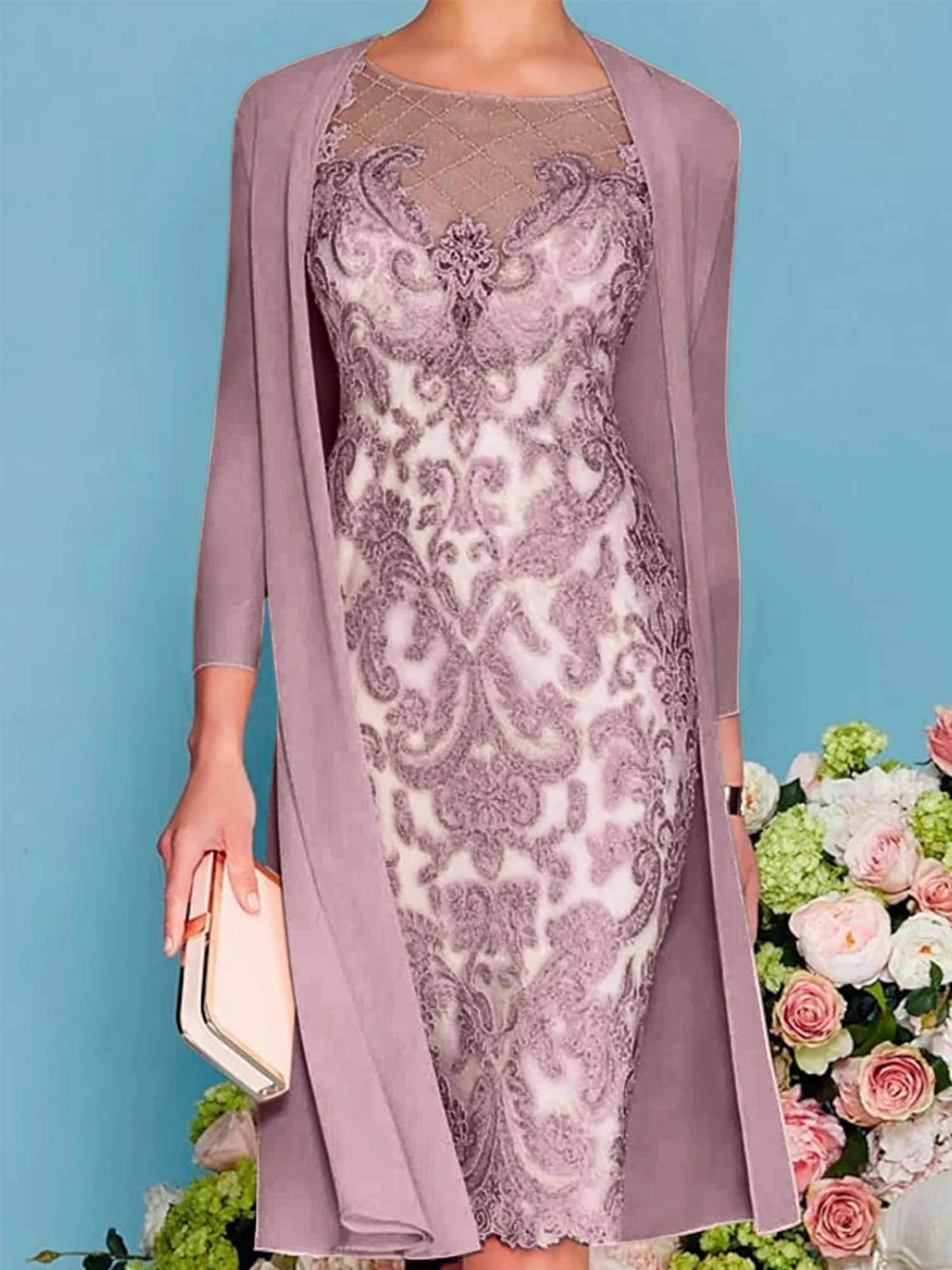 Long-Sleeved Knee-Length Sheath Dress with Lace Beading for the Mother of the Bride