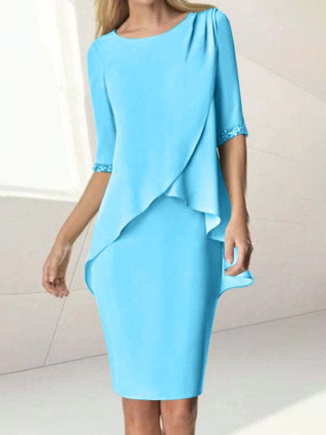 Knee-Length Beaded Sheath Dress with Ruching for the Mother of the Bride