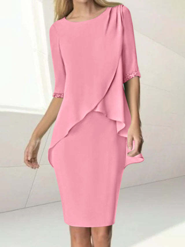 Knee-Length Beaded Sheath Dress with Ruching for the Mother of the Bride