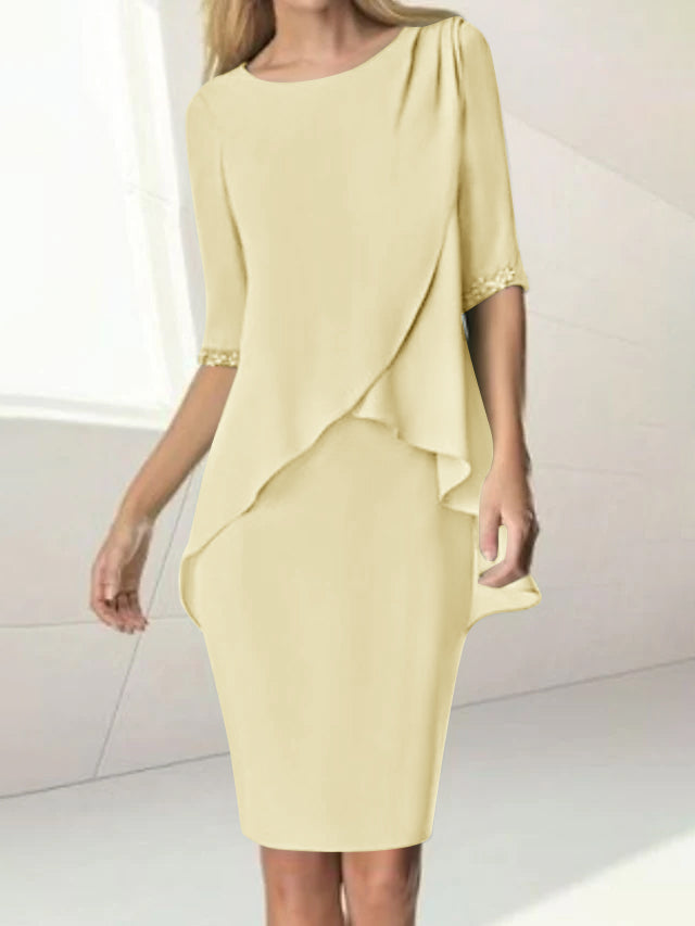 Knee-Length Beaded Sheath Dress with Ruching for the Mother of the Bride