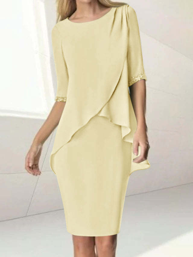 Knee-Length Beaded Sheath Dress with Ruching for the Mother of the Bride