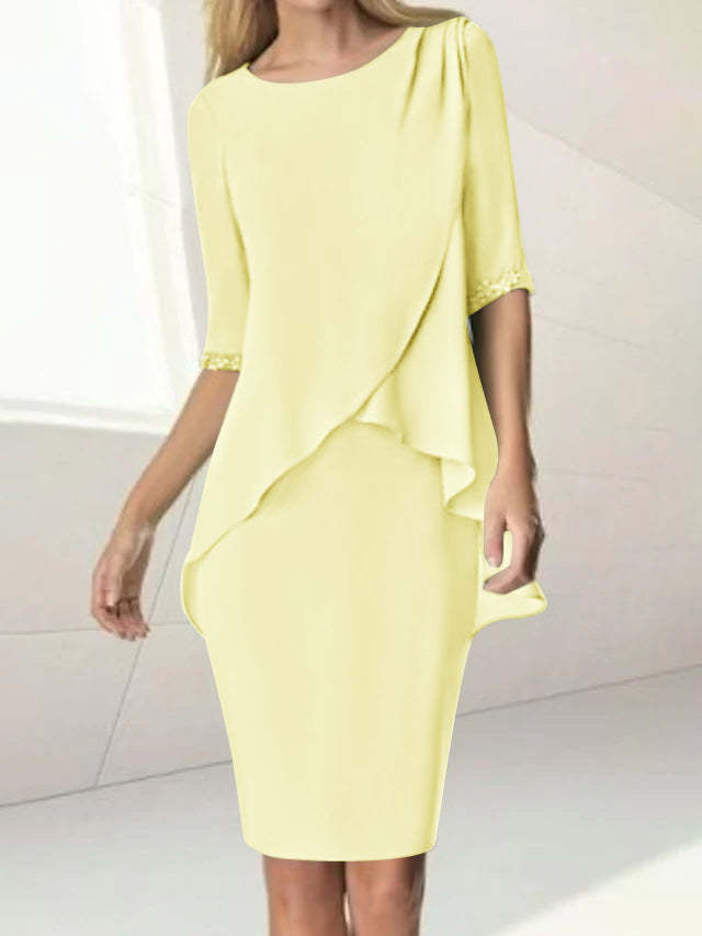 Knee-Length Beaded Sheath Dress with Ruching for the Mother of the Bride