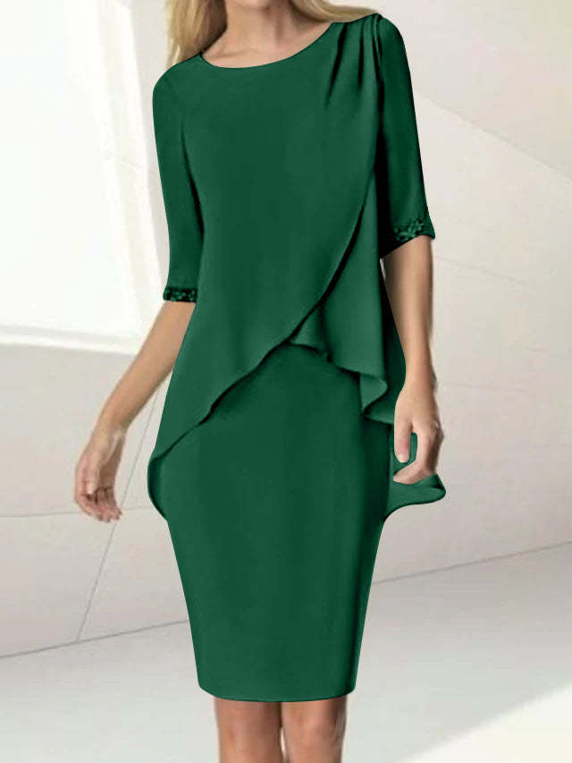 Knee-Length Beaded Sheath Dress with Ruching for the Mother of the Bride