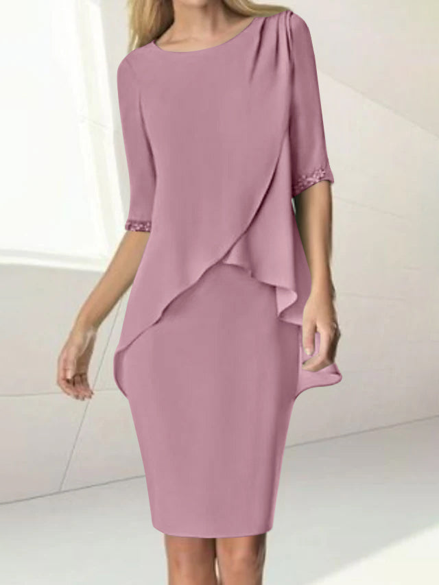 Knee-Length Beaded Sheath Dress with Ruching for the Mother of the Bride