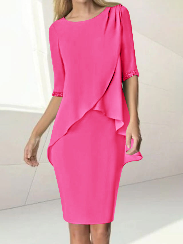 Knee-Length Beaded Sheath Dress with Ruching for the Mother of the Bride