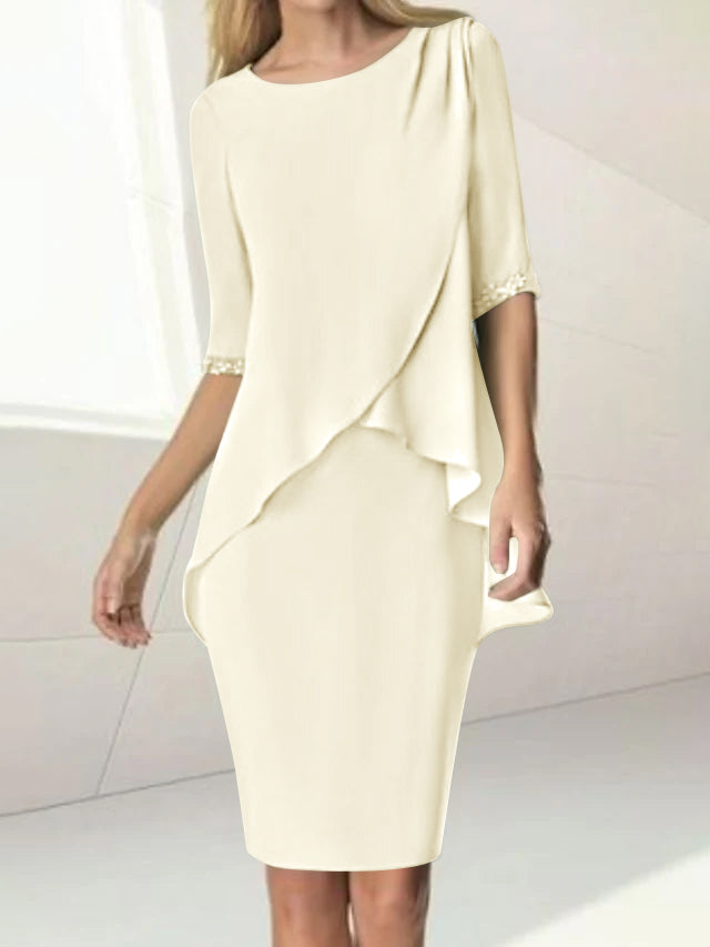 Knee-Length Beaded Sheath Dress with Ruching for the Mother of the Bride