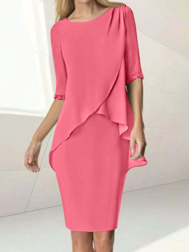 Knee-Length Beaded Sheath Dress with Ruching for the Mother of the Bride