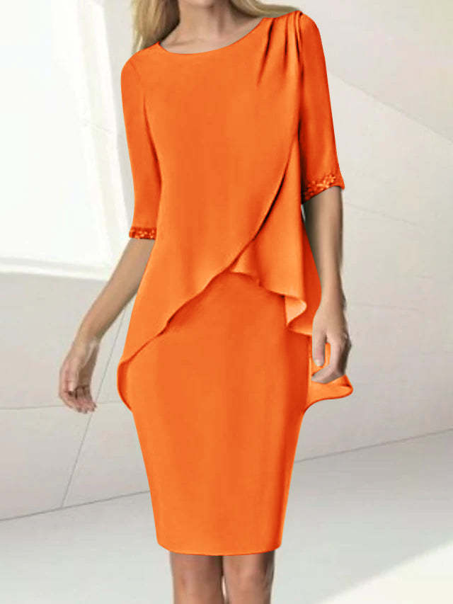 Knee-Length Beaded Sheath Dress with Ruching for the Mother of the Bride