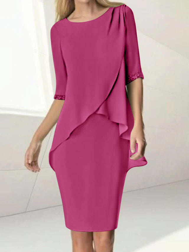 Knee-Length Beaded Sheath Dress with Ruching for the Mother of the Bride