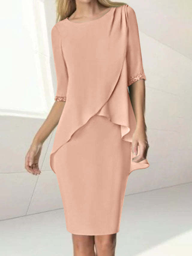 Knee-Length Beaded Sheath Dress with Ruching for the Mother of the Bride