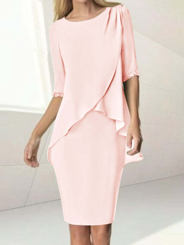 Knee-Length Beaded Sheath Dress with Ruching for the Mother of the Bride