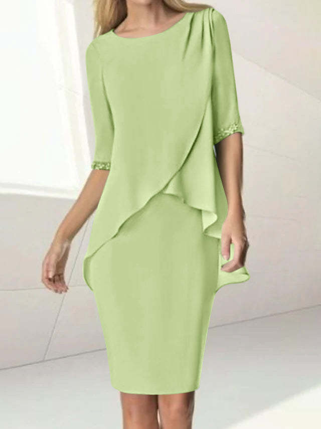 Knee-Length Beaded Sheath Dress with Ruching for the Mother of the Bride