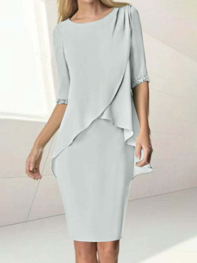 Knee-Length Beaded Sheath Dress with Ruching for the Mother of the Bride