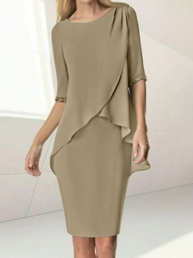 Knee-Length Beaded Sheath Dress with Ruching for the Mother of the Bride